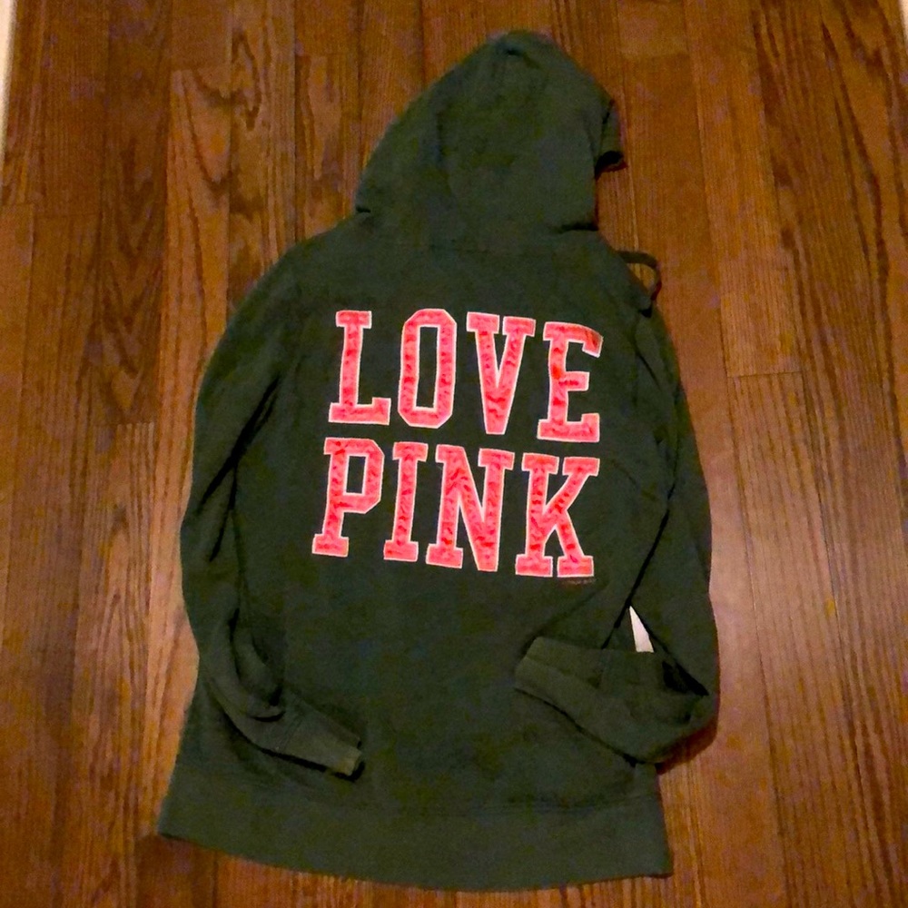 Victoria’s Secret PINK zip up hoodie hunter green with Hot pink lettering size M